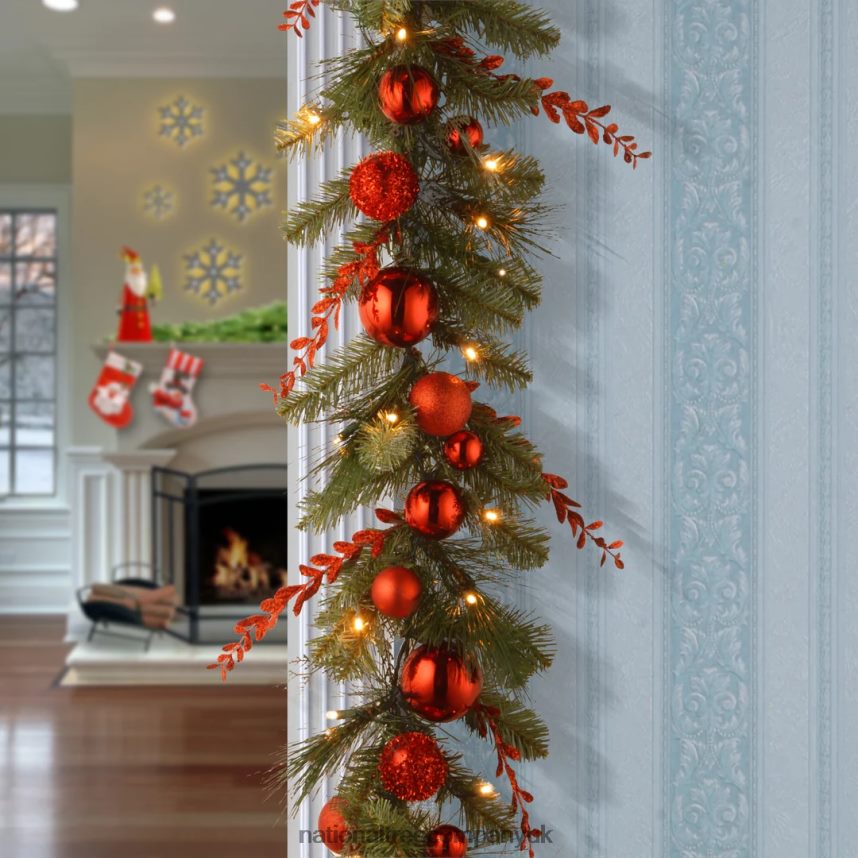 Greenery | National Tree Company Pre-Lit Artificial Christmas Garland Green Evergreen White Lights Decorated With Glittered Stems Ball Ornaments Battery Powered Christmas Collection 9 Feet F2L